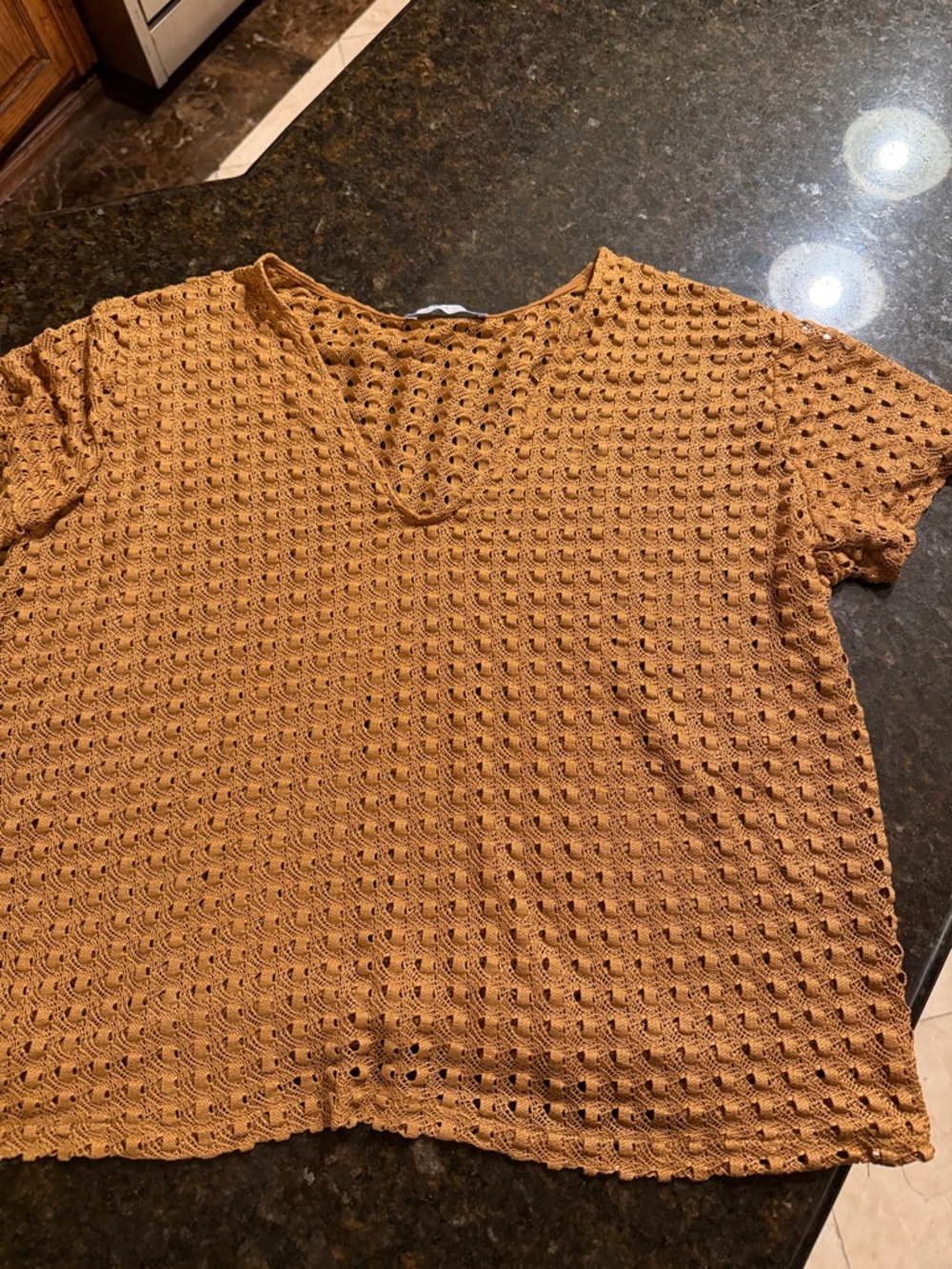 Zara Open-Knit Short Sleeve Top in Mustard